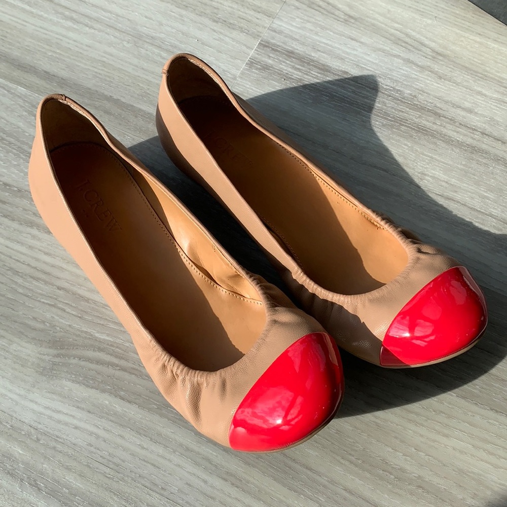 J. Crew Factory Anya Leather Studded Ballet Flats, Size 7.5, Tan and Red